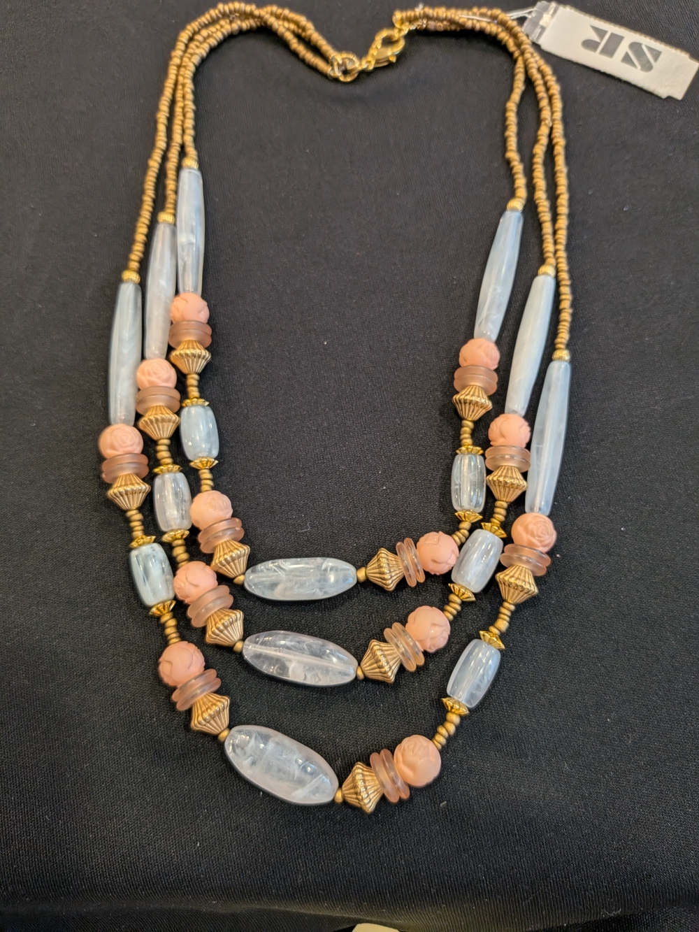 Three-Strand Gold, Blue and Pink Beaded Necklace 10" - Unbranded
